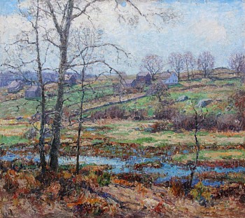 Blue waters of a creek occupy the lower half of this image and background is of an early spring hillside before buds on the trees.