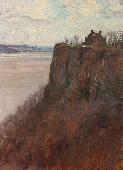 An enchanting silhouette of a gambrel house atop a cliff along the Hudson River painted in late fall by Allen Talcott.