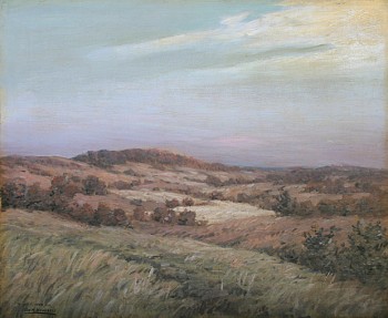 High clouds point from the right of this landscape into the distant composition of fields and trees by George Bruestle.