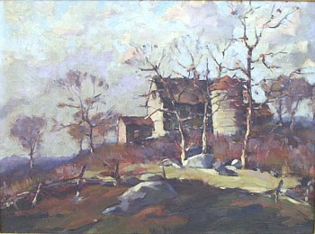 Bare autumn trees with remnants of brown leaves stand over a field of brown brush in front of a barn and silo by Gershon Camassar.