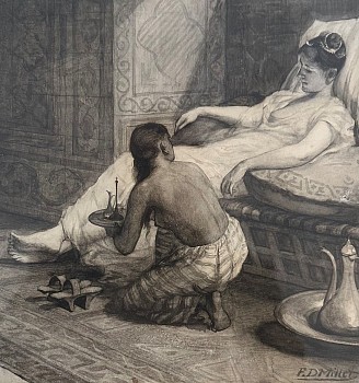 A maid attends to a woman reclining on a chaise.