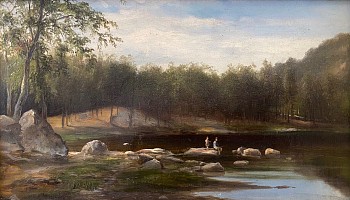 A nineteenth century painting of a stream with rocks and people fishing.