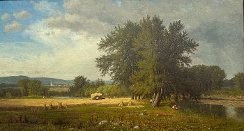 A patch of sunlit makes a section of the field glow. A lay wagon is to the left of a large elm tree as people fish on the nearby river and a village steeple appears in the distance.
