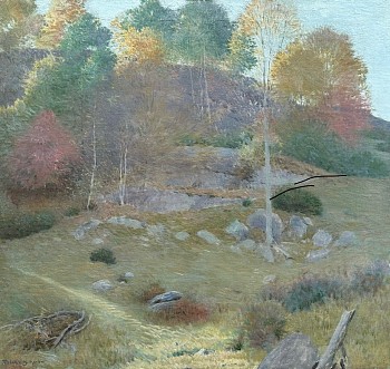 Dumond painted this square canvas depicting the side of a rocky hill cast in shadow. The trees are in autumn colors and sunlight finds its way along the top of the hill at the top of the composition.
